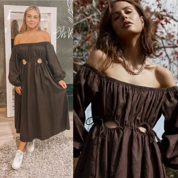 Dissh Manon Off The Shoulder Linen Maxi Dress Dark Chocolate Size 8 - Picture 1 of 7
